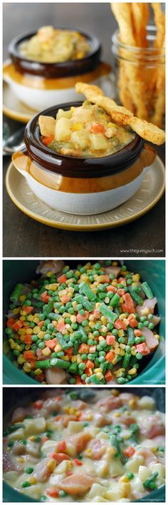 four different pictures of food in bowls and on plates