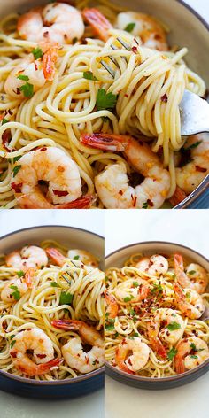 two pictures of shrimp and pasta in pans