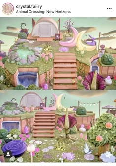 an animated scene with steps leading to a fairy house and other things in the background