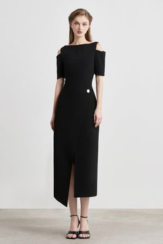 This dress is a stylish and sophisticated midi dress. It features a surplice wrap front, cold shoulder sleeves, and punto stitching to accentuate the form-fitting silhouette. This high-quality and well-crafted dress is a timeless addition to any wardrobe. Length with asymmetric flap: 113/118cm-114/119cm-115/120cm (S-M-L) Luxury Pre-draped Midi Dress With Asymmetrical Hem, Luxury Knee-length Midi Dress With Side Slits, Mean Blvd, Sophisticated Dress, Swimwear Dress, Fantasy Dress, Dress For Short Women, Asian Style, Lace Mini Dress