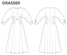 the front and back view of a dress with long sleeves, pleating at the waist