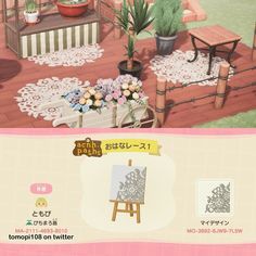 two screens showing the same room in animal crossing, and an image of a table with flowers on it