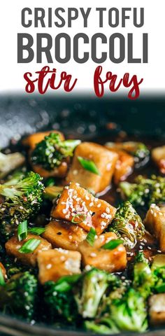 broccoli and tofu stir fry in a skillet with text overlay