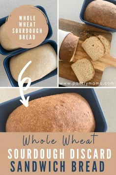 whole wheat sourdough bread in a pan with text overlay