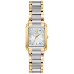 From Citizen Eco-Drive, this Bianca watch has a graceful appeal with a flattering silhouette for all women to wear day or night. This timepiece features a 22x28mm yellow gold-tone stainless steel case encompassing a white mother-of-pearl dial with coordinating sleek, yellow gold-tone hands. Sparkling round crystals mark the hour for an extra dose of elegance. A beveled sapphire crystal protects the face and adds a unique element to the overall design. Completing the look is a two-tone yellow gol Eco Drive Watches, Helzberg Diamonds, Citizen Eco, Crystal Watches, Womens Watches Luxury, Eco Drive, Women Diamond, Two Tone Watch, Diamond Watch