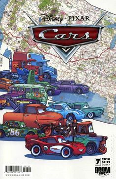 the disney pixar cars movie is shown in this cartoon style poster, which features many