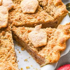 a close up of a pie on a plate with some apples in the back ground