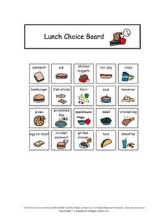 the lunch choice board is filled with pictures and words to help students understand what food they are