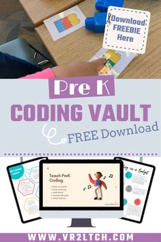 a computer screen with the words prek, coding vault and free printable