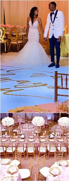 two pictures of a bride and groom holding hands at their wedding reception in the ballroom