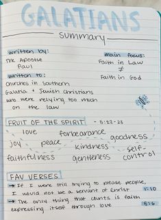 an open notebook with writing on it that says galatians and the words written in blue