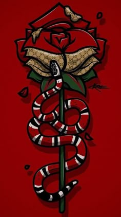 a snake wrapped around a rose on a red background