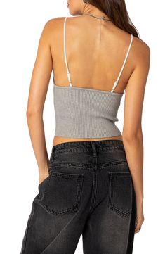 This cropped cami is updated with soft ribbing and a dainty front tie. Scoop neck Adjustable straps 50% polyester, 50% rayon Machine wash, dry flat Imported Trendy Ribbed Spaghetti Strap Crop Top, Ribbed Spaghetti Strap Crop Top, Gray Crop Top With Built-in Bra For Summer, Trendy Gray Cami Tank Top, Gray Tank Crop Top For Spring, Gray Seamless Crop Top For Spring, Spring Gray Seamless Crop Top, Gray Spring Camisole, Cropped Camisole