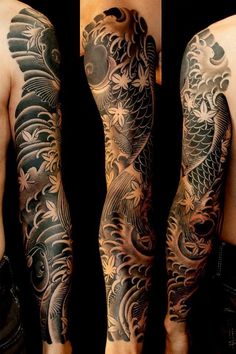 two men with tattoos on their arms and legs, both showing the same tattoo designs