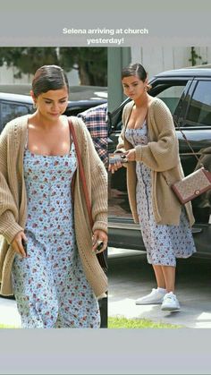 two pictures of a woman walking down the street wearing a dress and cardigan sweater