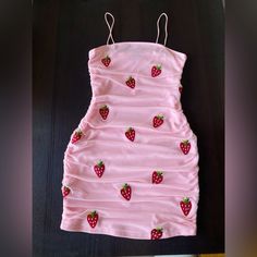 Milkshake Pink To Bring The Boys To The Yard And Double Layered For A Very Flattering Look. Under Layer Is To Hug Those Curves And Top Strawberry Mesh Layer Is To Complement And Enhance Them With Scrunch. Spaghetti Straps For A Summer Tan Or To Layer For A Date Night Look. New Without Tags. Strawberry Dress Hot Topic, Silk Strawberry Dress, Cute Fitted Mini Dress With Spaghetti Straps, Sleeveless Strawberry Print Summer Dress, Fitted Sleeveless Strawberry Print Dress, Fitted Sleeveless Dress With Strawberry Print, Pink Strawberry Print Dress For Party, Fitted Strawberry Print Dresses, Spring Party Dress With Strawberry Print