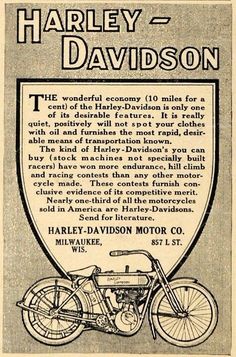 an advertisement for harley davidson motorcycle with the words harley davidson on it's side