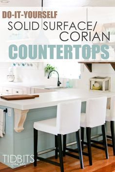 an image of a kitchen with counter tops and stools on the bottom shelf that says, do - it - yourself solid surface / corian counters