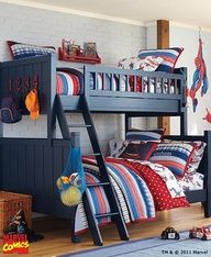 Boat bed :) Rory Bedroom, Spiderman Bedroom, Spiderman Room, Mommy Ideas, Superhero Bedroom, Superhero Room, Bunk Bed Designs, Space Bedding, Striped Bedding