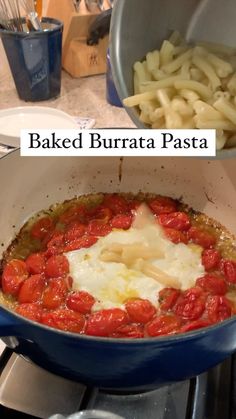 baked burrata pasta in a blue pot on the stove with text overlay