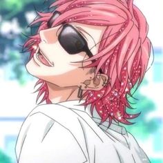 an anime character with pink hair and black eyes looking to the side while wearing a white shirt