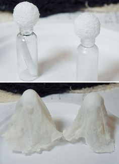 there are two bottles with fake cotton balls in them