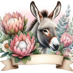 a donkey with flowers around it and a banner