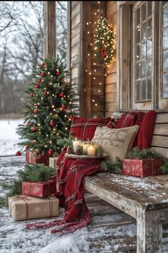 a wooden bench sitting next to a christmas tree with presents on it's side