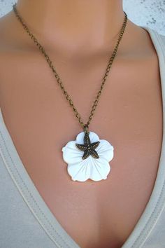 Starfish Necklace Mermaid Jewelry Sea Flower by AJBcreations Bohemian White Flower Necklace For Beach, White Flower Pendant Jewelry For Beach, White Shell Necklace With Starfish Charm, Bohemian White Starfish Jewelry, White Starfish Shell Necklace With Starfish Charm, Ocean-inspired Starfish Shell Necklace For Summer, Ocean-inspired Starfish Shell Necklace For Vacation, Ocean-inspired Starfish Shell Necklace, Gift Ocean-inspired Shell Necklace With Starfish Charm