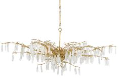 a chandelier with many crystal beads hanging from it's gold frame and chain