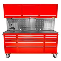 a red tool cabinet with drawers and tools on the bottom shelf, in front of a white background