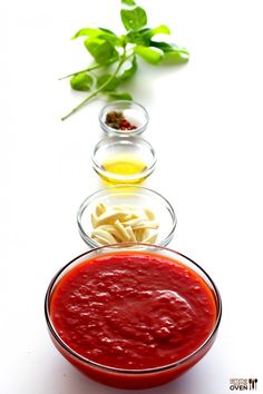 three bowls filled with different types of sauces