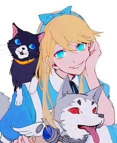 an anime character with two cats on her shoulder and one cat sitting next to her