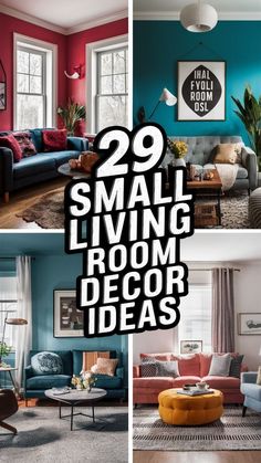 the living room is decorated in bright colors and has pictures on the wall above it that says, 29 small living room decor ideas