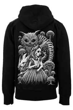 Murder your way into Wonderland in this sickening hoodie Fall down the rabbit hole in the heavy metal design, featuring Alice and the White Rabbit haunting Wonderland with knives in hand. The Cheshire Cat lurks above them—his striped tail composed of spinal bones. Sinfully soft to please your wickedly whimsical heart. - Zipper Hoodie Hoodie w. Front Zipper, 2 Pockets, + Hood. Graphic on Back. VampireFreaks Logo on the Front. Comfy + Cozy! Made of High-Quality Cotton. Handprinted & Hexed in t Hoodie Layout, Ripped Hoodie, Gothic Hoodies, Goth Hoodie, The Cheshire Cat, Whimsical Heart, Down The Rabbit Hole, Gothic Clothes