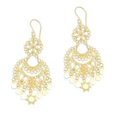 Featuring intricate patterns in 18k gold plated sterling silver wire work and dot patterns two glamorous crescents are featured in this pair of chandelier earrings from Bali. Desi Antari designs the earrings featuring sun shapes and gleaming medallions that dangle below. Filigree Dangle Chandelier Earrings For Festivals, Elegant Sun And Moon Design Drop Earrings, Handmade Gold Chandelier Earrings For Summer, Gold Dangle Earrings With Sun And Moon Design, Gold Chandelier Earrings For Summer Gift, Elegant Metal Earrings With Sun And Moon Design, Elegant Sun And Moon Design Metal Earrings, Gold Chandelier Drop Earrings For Summer, Gold Dangle Chandelier Earrings For Summer