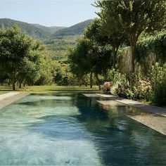 an empty swimming pool surrounded by trees and mountains