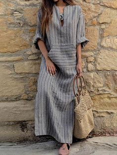 Color Block Maxi Dress, Boho Styl, Street Dress, Stil Boho, Loose Maxi Dress, Linen Yarn, Cotton Linen Dresses, Linen Color, Tartan Dress