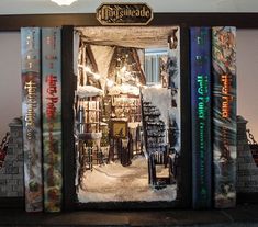 a display case with books on it in front of a window that has snow on the outside and inside