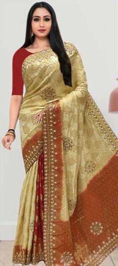 Beige and Brown, Red and Maroon color Saree in Kanchipuram Silk, Silk fabric with Stone, Thread, Weaving work Beads Embellishment, Thread Weaving, Silk Texture, Latest Indian Saree, Saree Designs Party Wear, Indian Sarees Online, Hand Work Embroidery, Utsav Fashion, Kanchipuram Saree