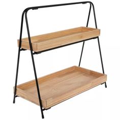 two tiered wooden shelf with metal legs