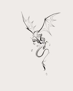 a black and white drawing of a dragon flying through the air with its wings spread