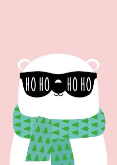 a polar bear wearing sunglasses and a scarf with the words ho ho ho on it