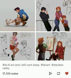 four different pictures of people and animals in various stages of their life, with the caption that says it's 6 am and i still can't sleep