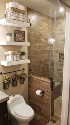 a bathroom with a toilet, shower and shelves on the wall next to each other