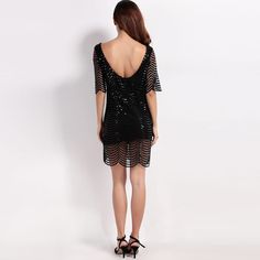 Lace Sequin Half Sleeve Mini Dress Chic V-neck Sequin Dress For Spring, Spring V-neck Evening Bodycon Dress, Spring V-neck Bodycon Evening Dress, Chic Backless Mini Dress With Sequins, Chic Sequin Dress For Spring, Chic Spring Sequin Mini Dress, Chic Spring Sequin Dress, Spring Chic Mini Sequin Dress, Sequin Knee-length Mini Dress For Evenings