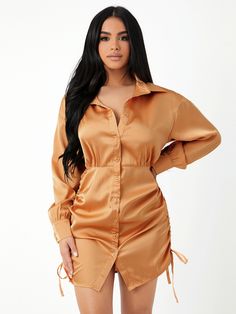 Fitness Fashion Outfits, Satin Shirt Dress, Plain Shirt, Satin Shirt, Plain Shirts, Button Down Dress, Women Dresses, Dress P, Drop Shoulder