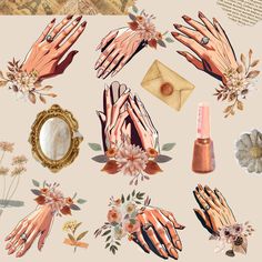 an illustration of hands with flowers and nail polish on them, surrounded by other items