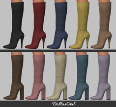 six pairs of high heeled boots with multiple colors and sizes, all in different styles