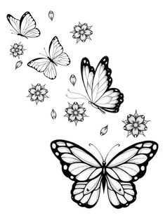 black and white butterflies flying in the air with flowers on their wings, drawn by hand